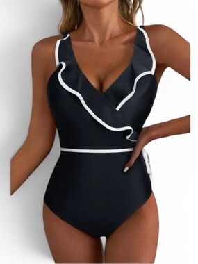 Women's Black Ruffle One-Piece Swimsuit with White Trim and Adjustable straps